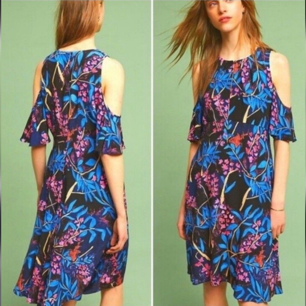Maeve Anthropology Size 4 Elia Floral Cold Shoulder Dress - Picture 1 of 8